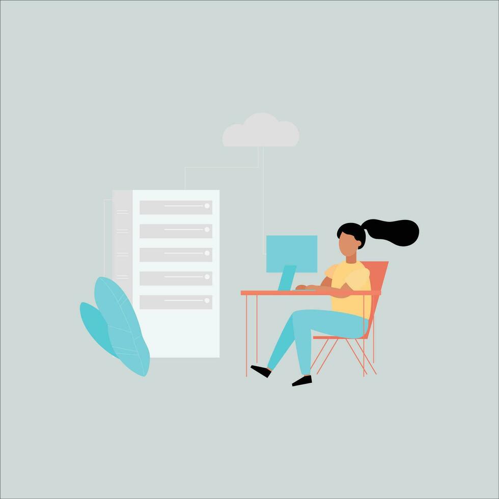 Woman working at the computer in the office. Vector illustration in flat style