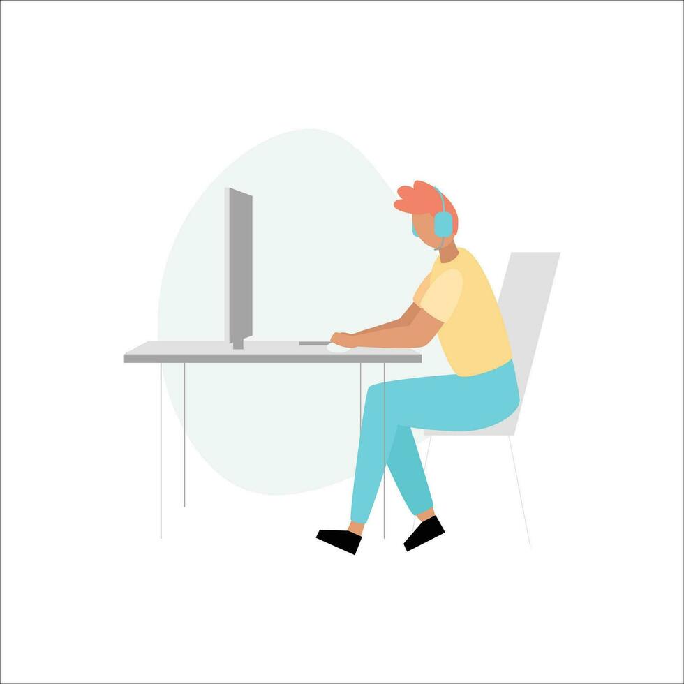 Freelance man working on computer at home. Freelance, remote work concept. Flat vector illustration.