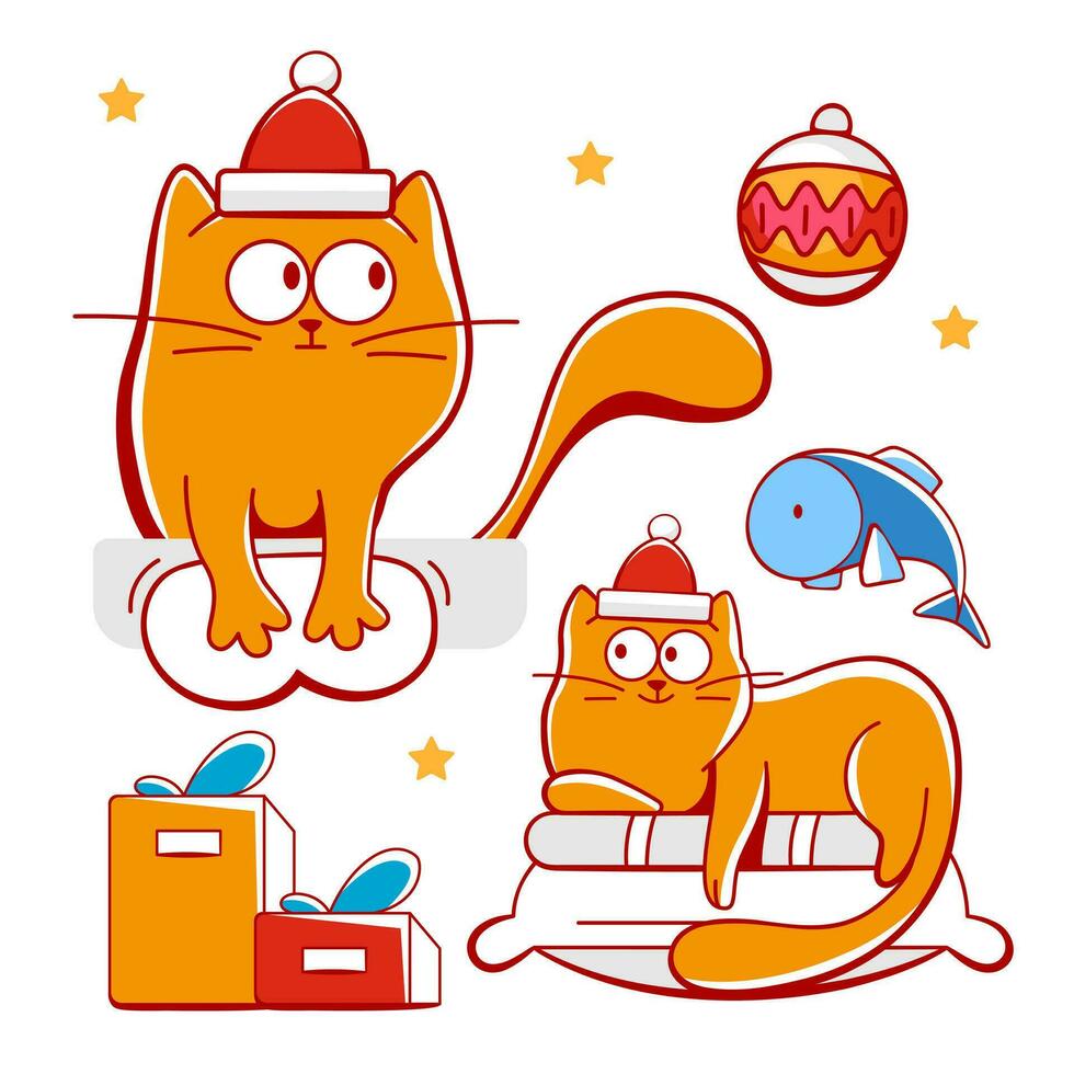 conjunto de vector elementos, gato en de santa sombrero preparando alimento, pez, Navidad árbol juguete, regalos en linda dibujos animados estilo.