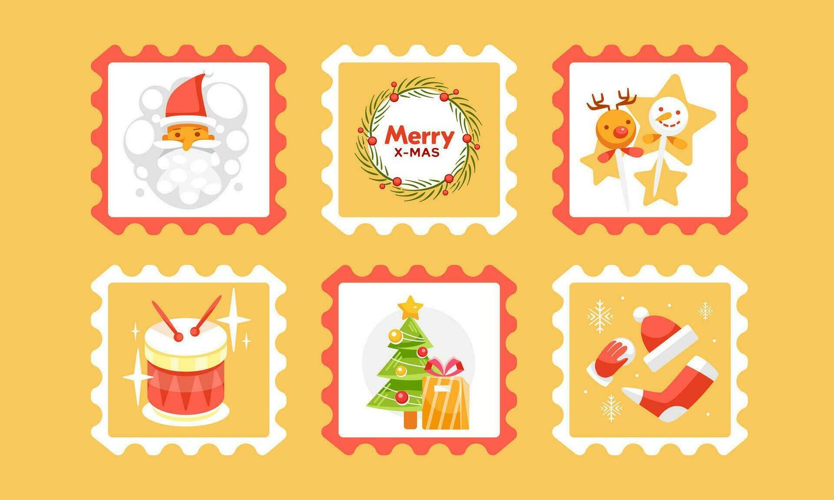 Set of vector Christmas stamps in cute cartoon style.