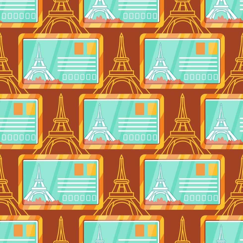 Vector pattern on the theme of tourism, Paris and the Eiffel Tower in a cute cartoon style.