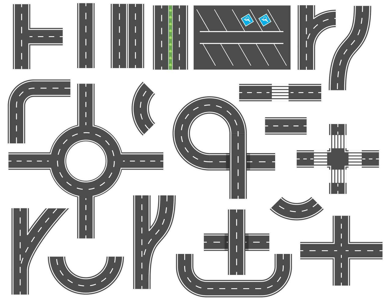 Asphalt roads design elements for city map. Street and road with footpaths and crossroads. elements for city map. Highway asphalt path traffic streets. Vector illustration in flat style