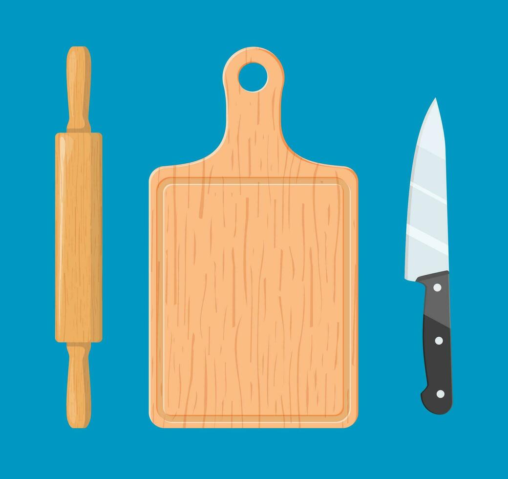 Rolling pin, cutting board and knife. vector