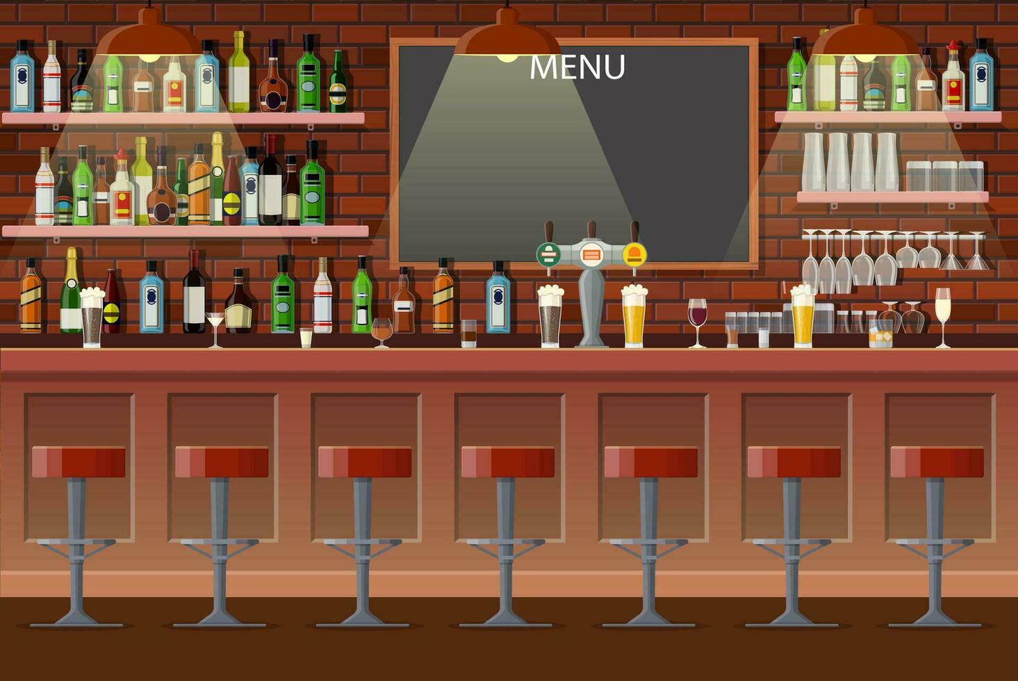 Drinking establishment. Interior of pub, cafe or bar. Bar counter, chairs and shelves with alcohol bottles. Glasses, tv, dart, fridge and lamp. Wooden decor. Vector illustration in flat style