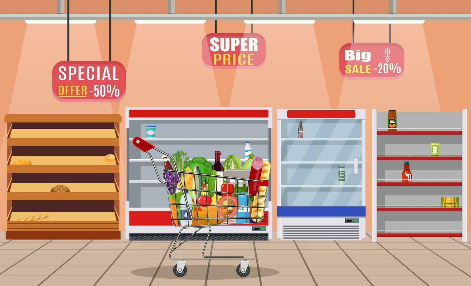 Supermarket store interior with empty store shelves. Big shopping mall. Interior store inside. Checkout counter. Vector illustration in flat style
