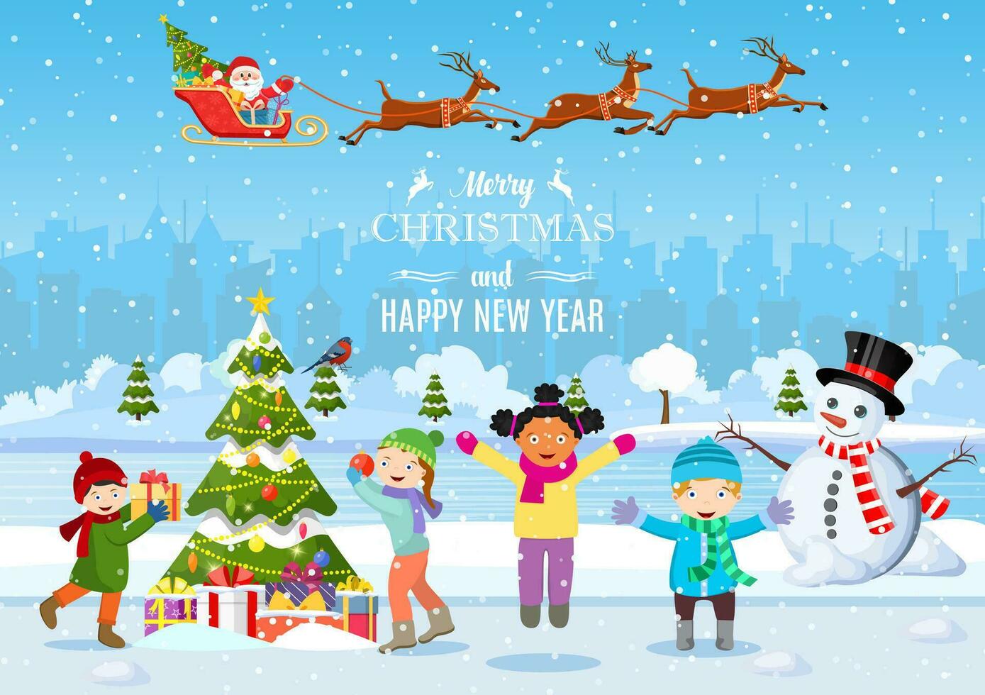 happy new year and merry Christmas greeting card. Christmas landscape. kids decorating a Christmas tree. Winter holidays. Vector illustration in flat style