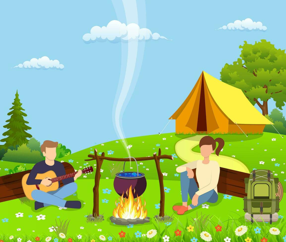 Group of young people are sitting around campfire. Young tourists, campers cartoon characters. Man playing guitar. Vector illustration in flat style