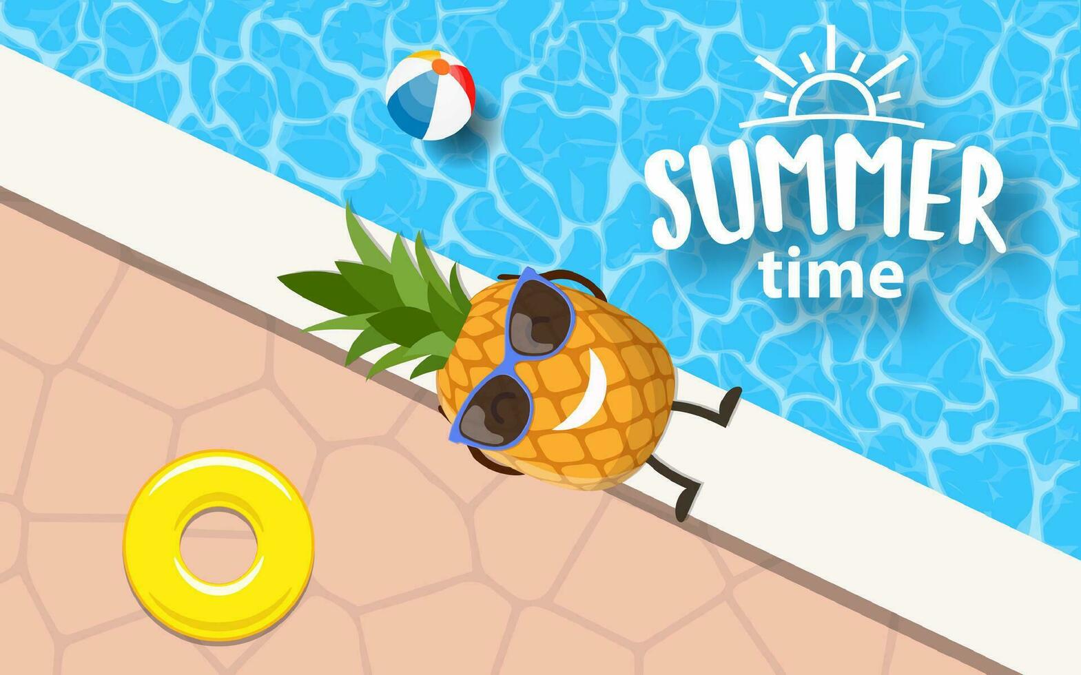 pineapple character relaxing by the swimming pool. holiday background with pineapple and inscription summer time. Vector illustration in flat style