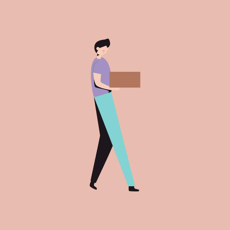 Man carrying cardboard box. Flat vector illustration isolated on pink background.