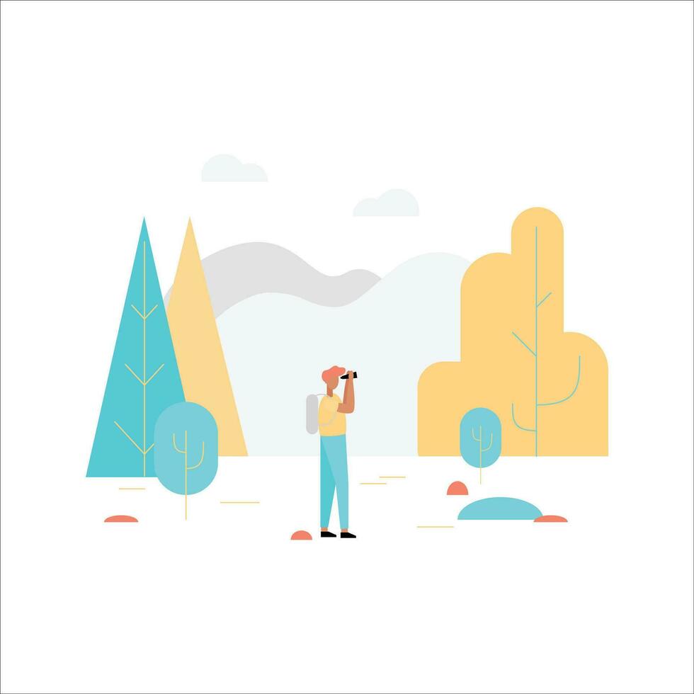 Tourist taking photo with binoculars. Vector illustration in flat style