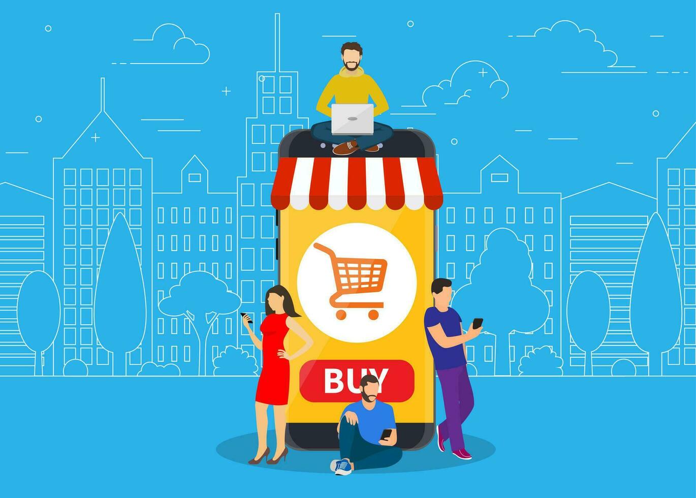 E-commerce cart concept. people using mobile gadgets such as tablet and smartphone for online purchasing and ordering goods. Vector illustration in flat style