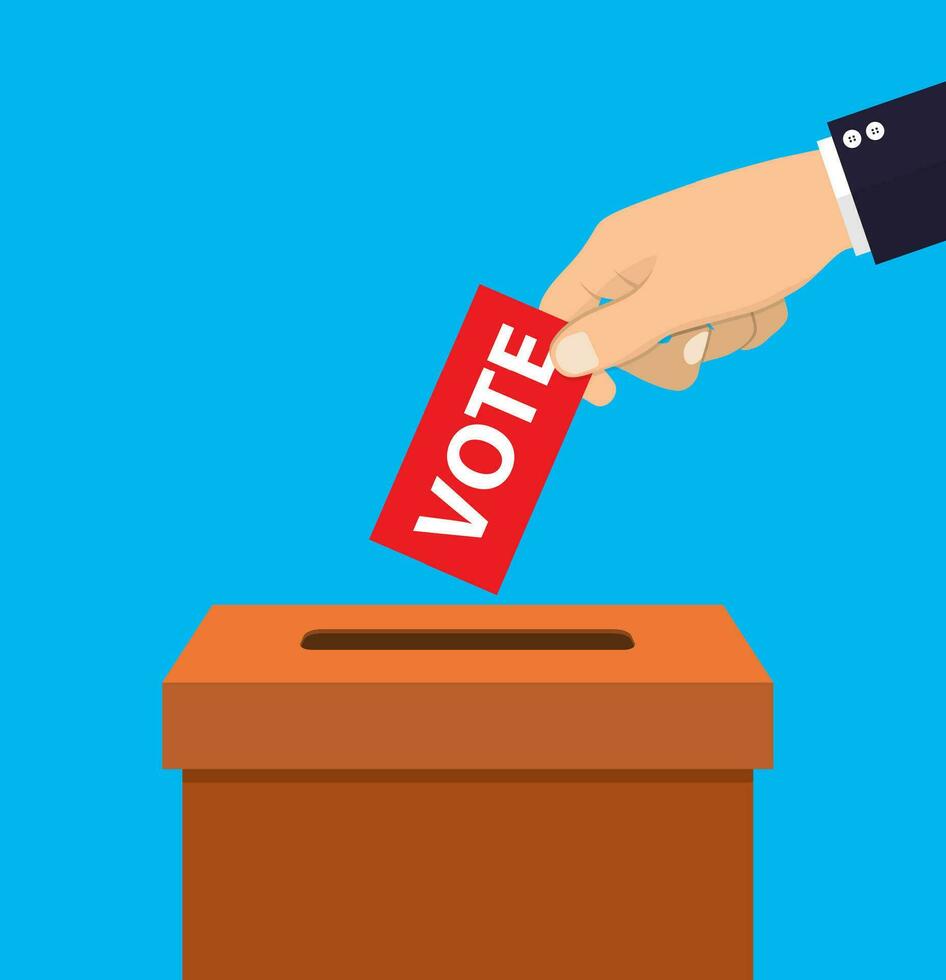 Human hand putting voting paper in the ballot box. vector illustration in flat design, infographics web design elements