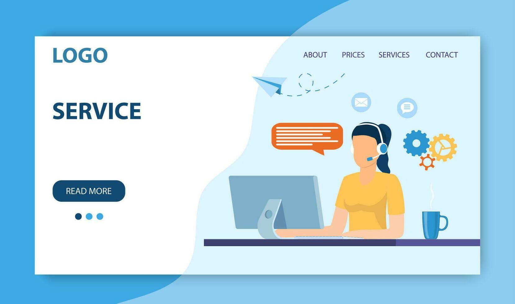 Customer service landing page. woman with headset is sitting at his computer. Client assistance, call center, hotline operator, consultant manager. technical support. Vector illustration in flat style