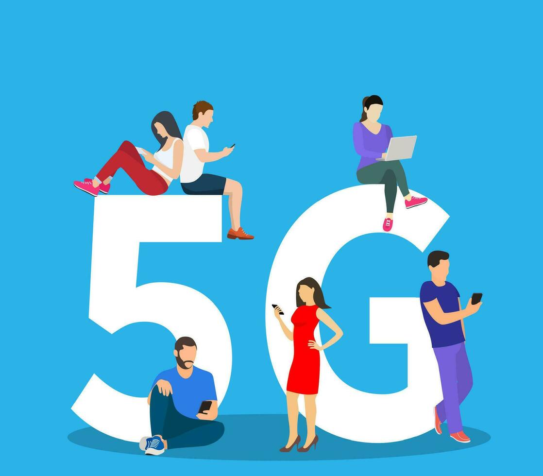 People with gadgets sitting on the big 5G symbol. men and women using high speed wireless connection 5G via mobile smartphone. Vector illustration in flat style