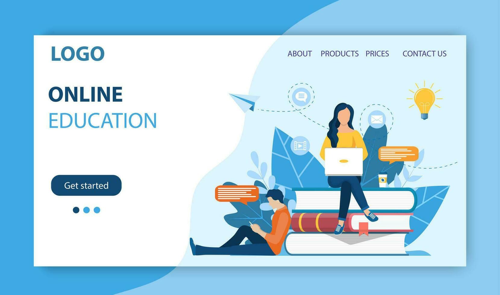 Online education landing page. woman sitting on pile of books. Concept illustration for school, education, university. Vector illustration in flat style.