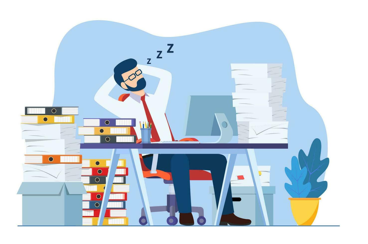 negocio hombre es dormido a su lugar de trabajo escritorio durante trabajando horas con el pila de algo de papel documento alrededor. procrastinar y debilitante hora concepto. vector ilustración en plano estilo