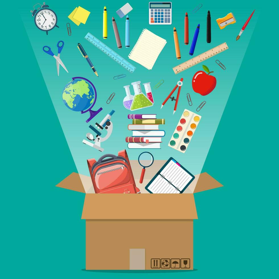 School items and cardboard box. vector