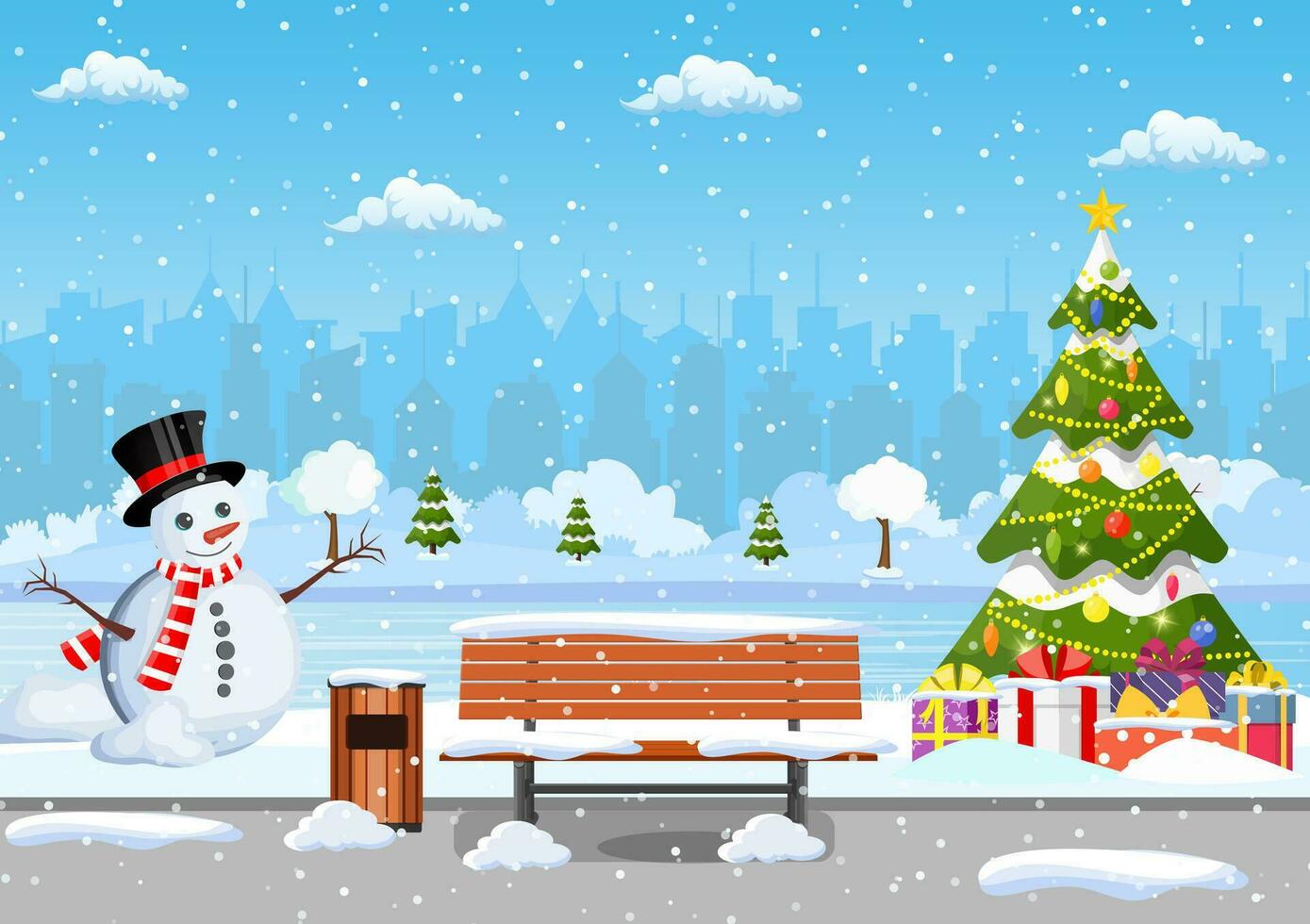 snowy winter city park with Christmas trees, bench, snowman and city skyline. Winter Christmas landscape for banner, poster, web. Vector illustration in flat style