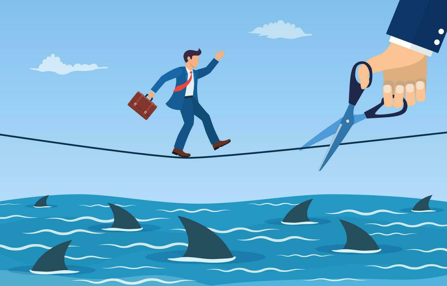 businessman running on rope over a sea full with sharks, meanwhile a giant hand with scissors is cutting the rope. Business concept. Vector illustration in flat style.