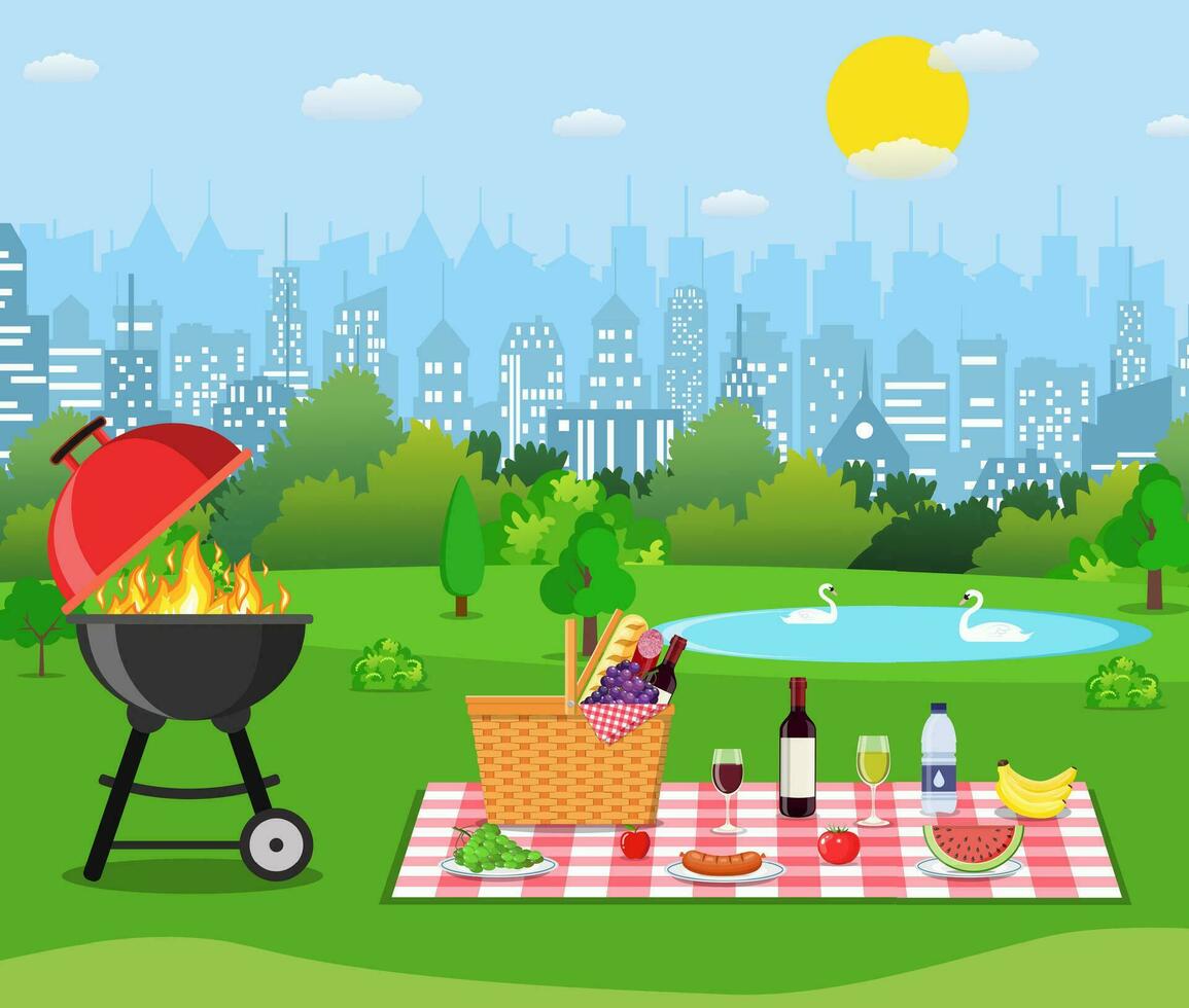 verano picnic concepto con cesta lleno de productos vector ilustración en plano estilo