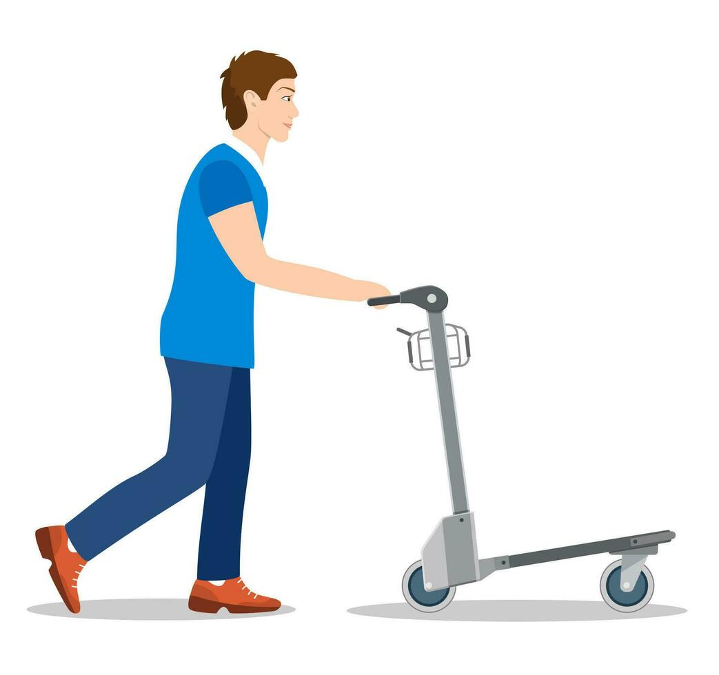 man pushing luggage cart with suitcases. male passenger in airport. male tourist with baggages arrival or departure. Vector illustration in flat style