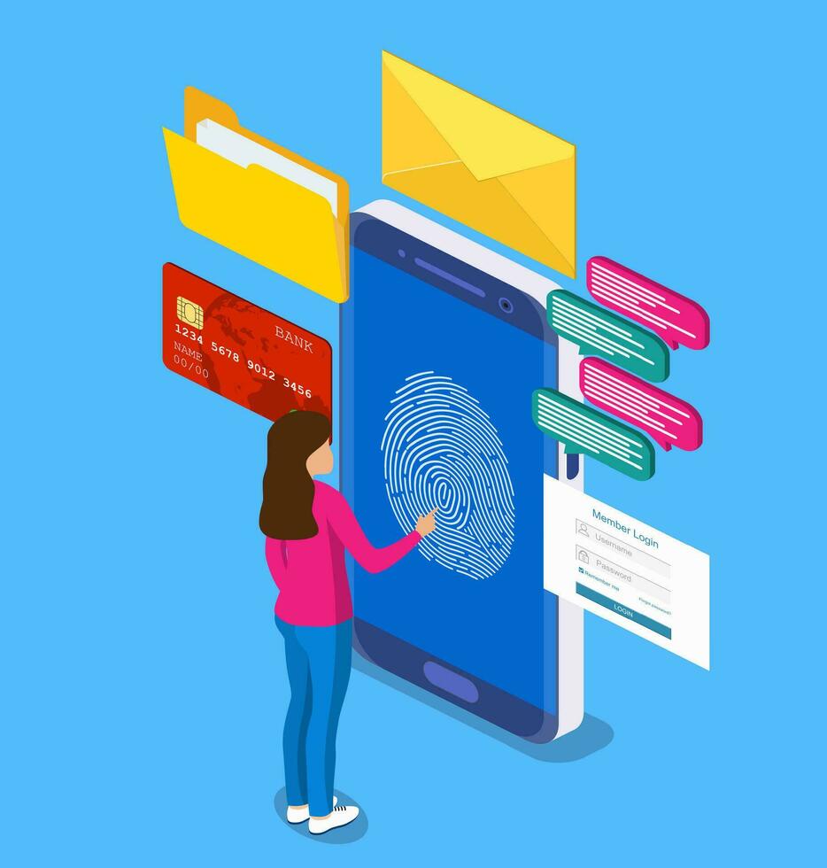 Data protection. Scan fingerprint to mobile phone. Smartphone id security system. Digital signature. Security of users mobile data using personal identification technology. 3d isometric vector
