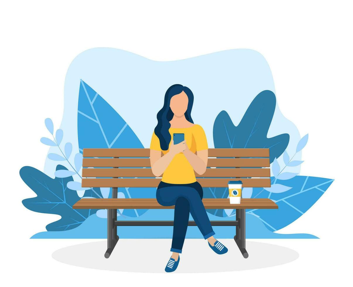 Woman using phone sitting on the bench in nature with crossed legs. Freelance or studying concept. web page design template for online education, training. Vector illustration in flat style