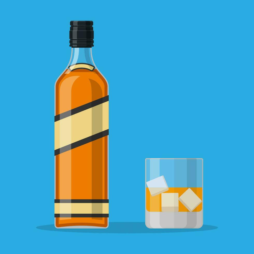 botella de Borbón whisky y vaso con hielo. vector