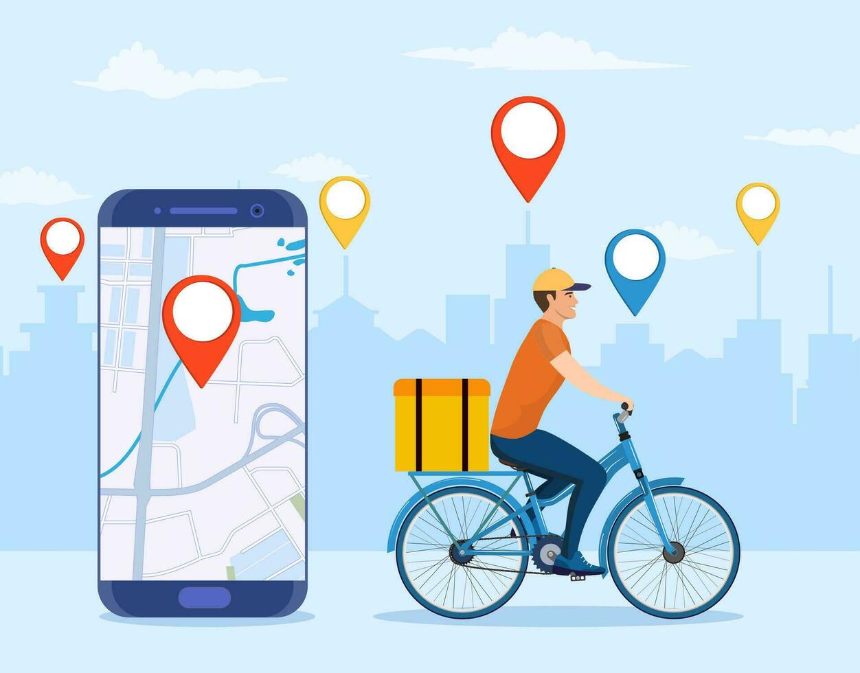 Online delivery service concept, online order tracking, delivery home and office. bicycle courier. Online pizza order. goods shipping, food online ordering. Vector illustration in flat style