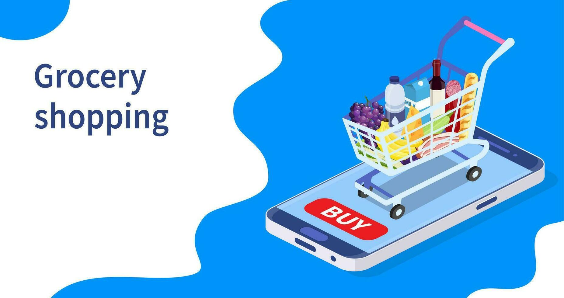 Online Grocery shopping concept. Isometric Shopping cart with fresh food and drink.Order food, grocery online from app by smart phone. Vector illustration in flat style