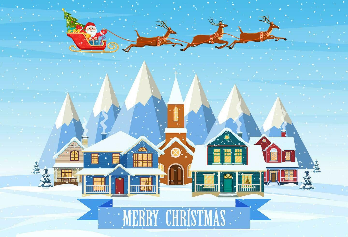 A house in a snowy Christmas landscape. Santa Claus on a sleigh. concept for greeting or postal card. Merry christmas holiday. New year and xmas celebration vector