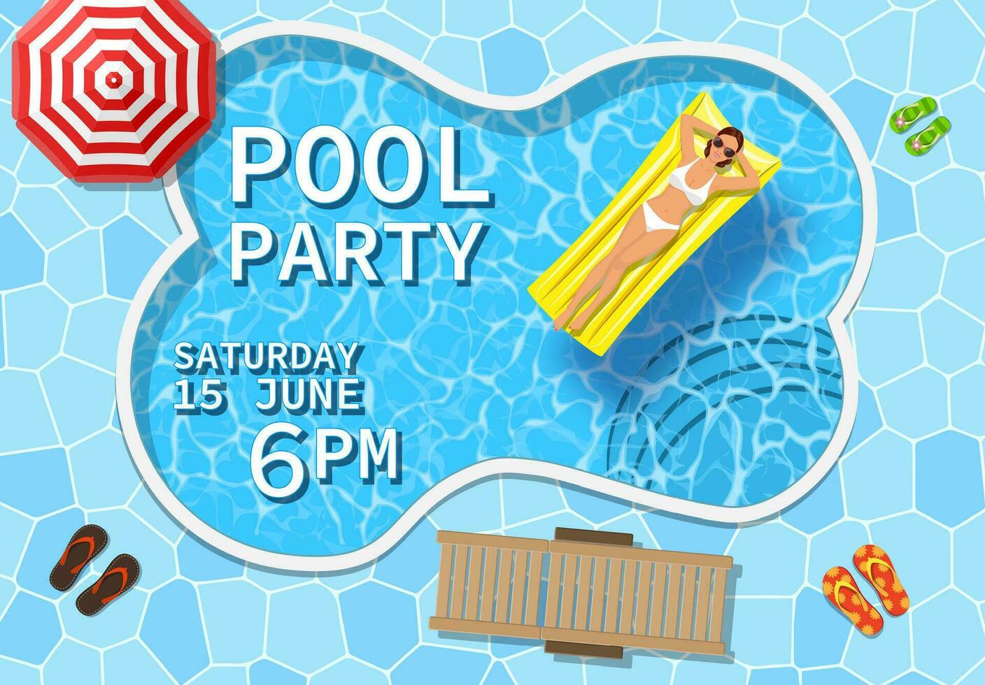Pool party invitation concept Pool party invitation with top view of pool and sexy girl lying on mattress, over water. Flyer of pool party. Vector illustration in flat style