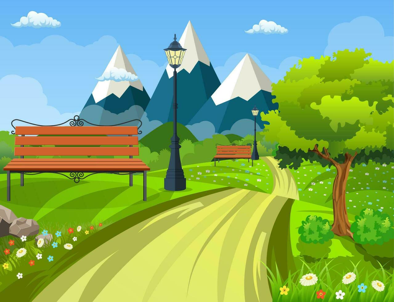 Summer, spring day park. Wooden bench, street lamp in park trail with lush green trees, bushes and mountains in the background. Vector illustration in flat style