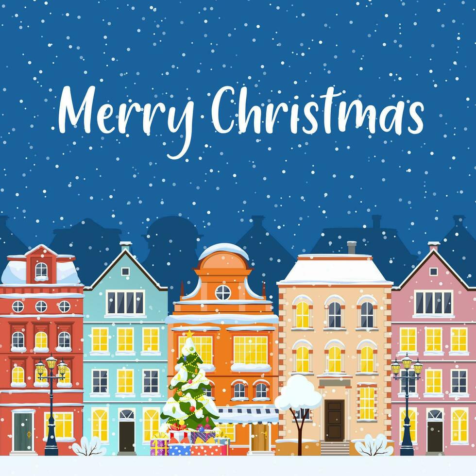 happy new year and merry Christmas winter old town street concept for greeting and postal card, invitation, template. Vector illustration in flat style