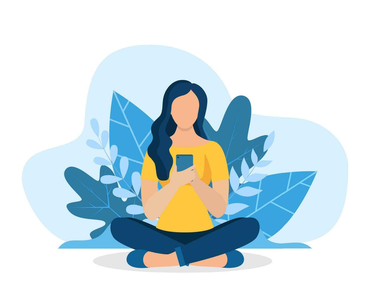 Young girls using phone, sitting legs crossed. woman running remotely on freelance, job on smartphone, communicates through social networks. Vector illustration in flat style