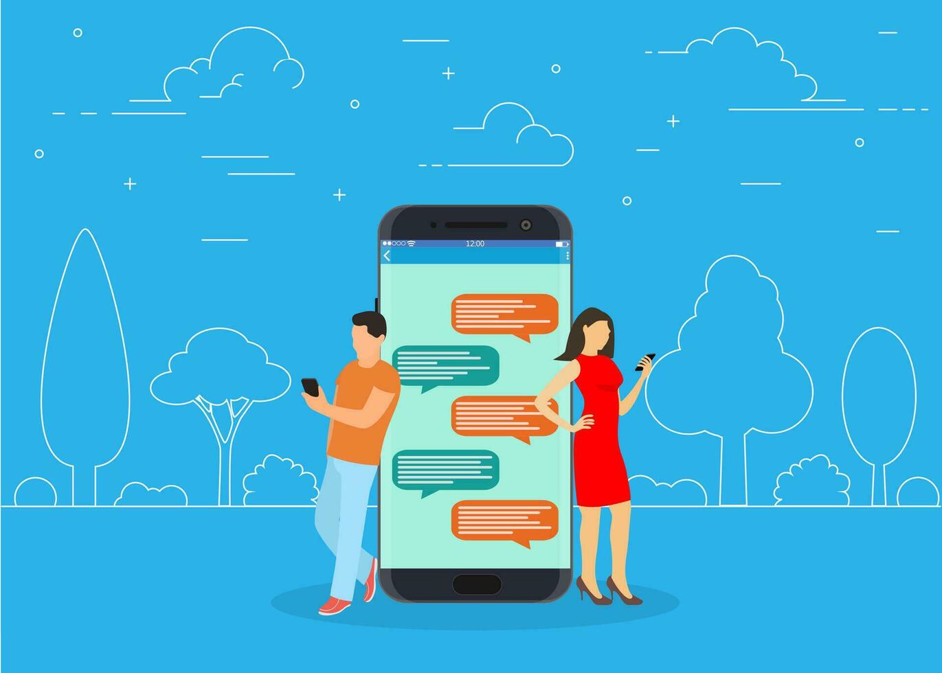 happy people use mobile smartphonefor chatting in social media, for, landing page, template, ui, web, mobile app, poster, banner, flyer. Vector illustration in flat style