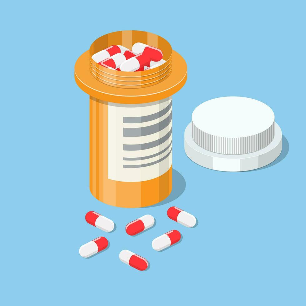 plastic bottle of pills in isometric view isolated on white background, Tablet pills medical drug pharmacy care and tablet pills antibiotic pharmaceutical. vector illustration in flat style