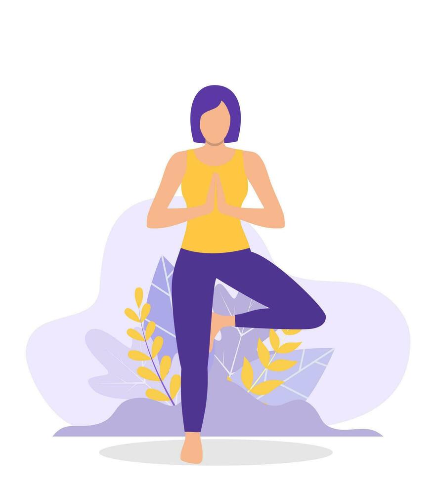 Young woman woman doing yoga workout. concept of meditation, the health benefits for the body, mind and emotions. inception and the search for ideas. Vector illustration in flat style