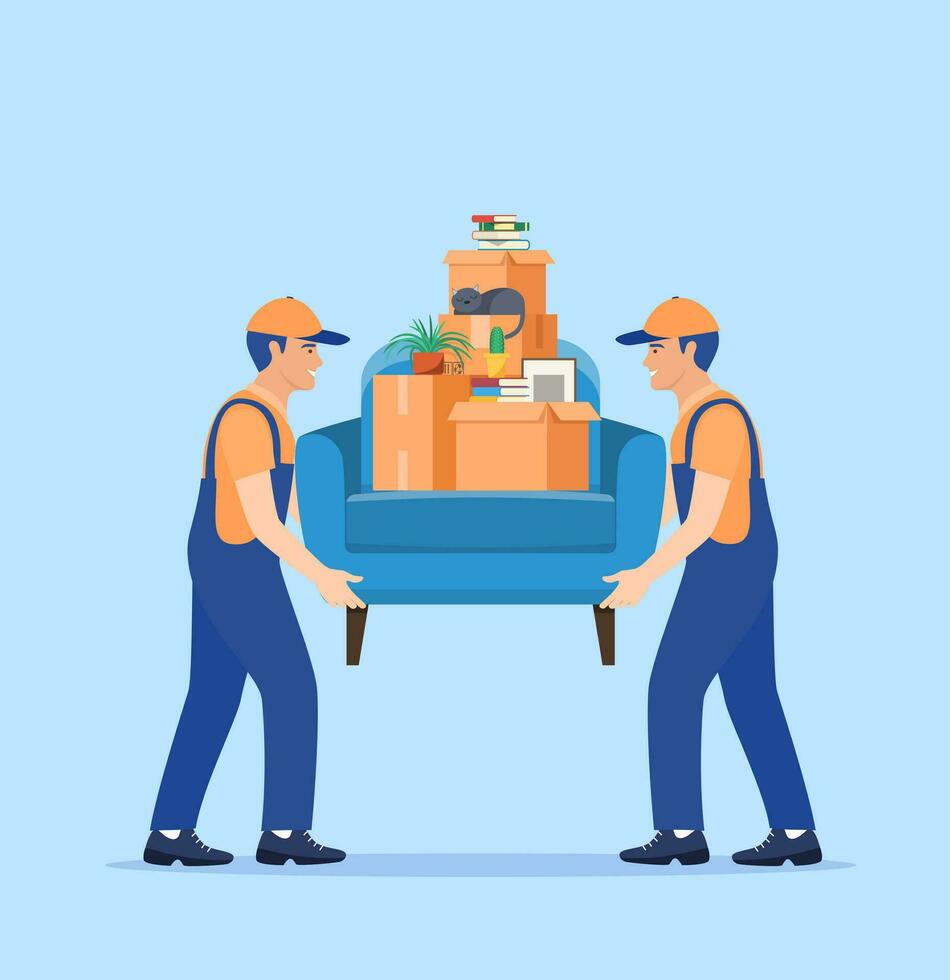 Moving service and delivery company. Delivery character man movers carry sofa with big carton cardboard box. Delivery and relocation service concept. Vector illustration in flat style