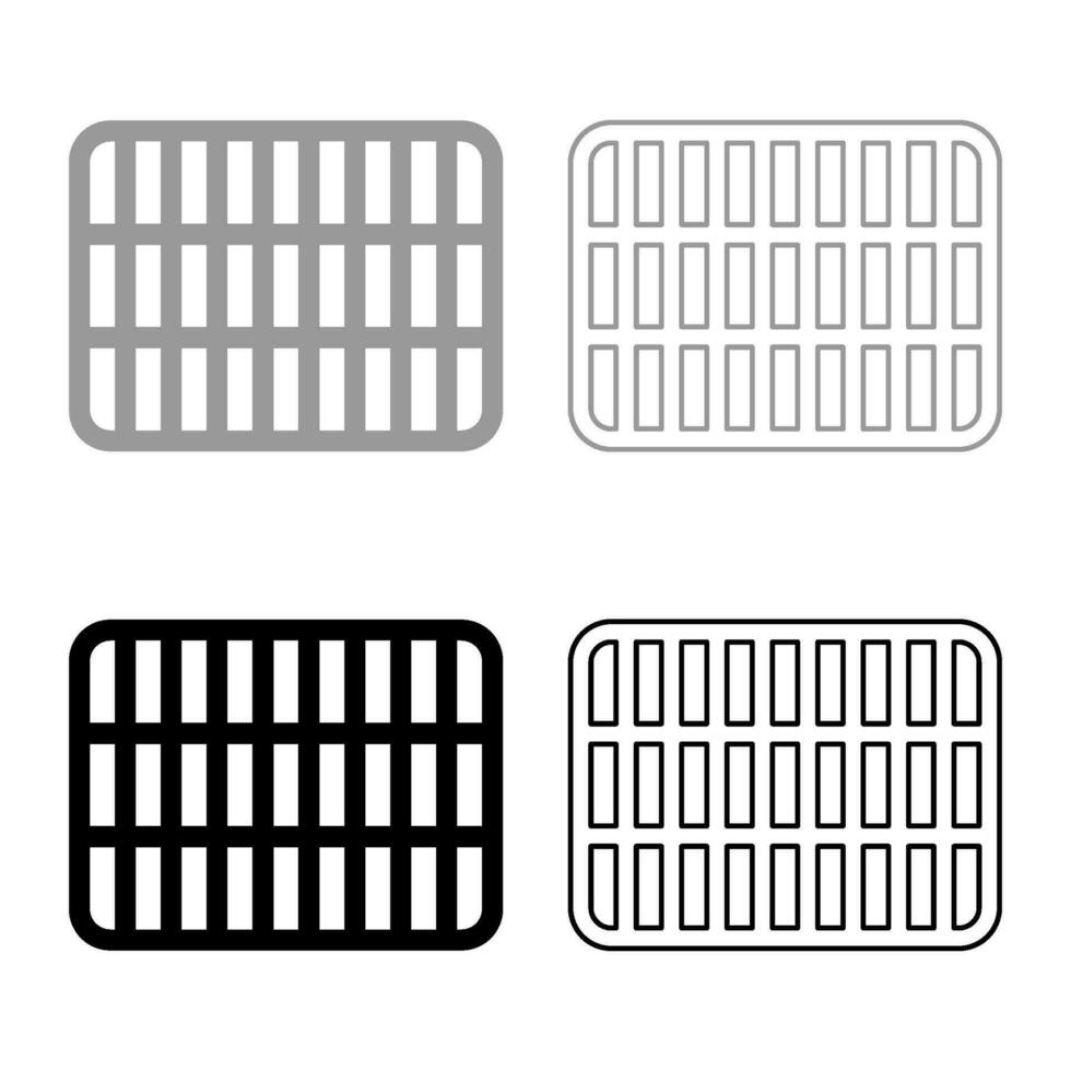 Grating grate lattice trellis net mesh BBQ grill grilling surface rectangle shape roundness set icon grey black color vector illustration image solid fill outline contour line thin flat style