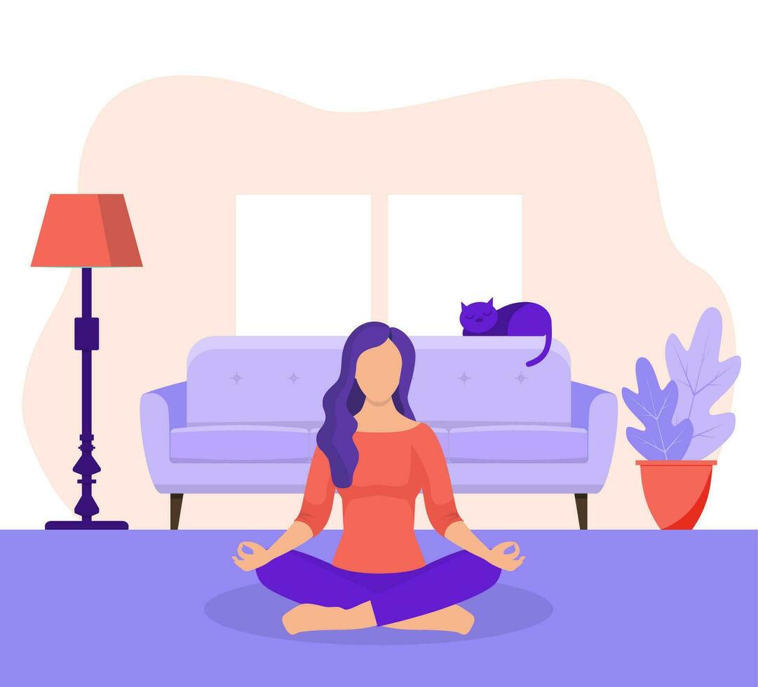 joven mujer sentado en yoga loto pose. concepto de meditación, el salud beneficios para el cuerpo, mente y emociones buscar para ideas permanecer hogar concepto. vector ilustración en plano estilo