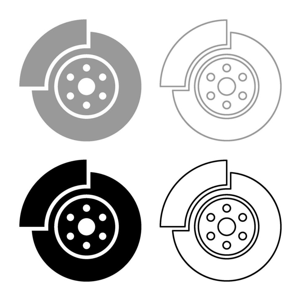 Car brake disk part gear system set icon grey black color vector illustration image solid fill outline contour line thin flat style