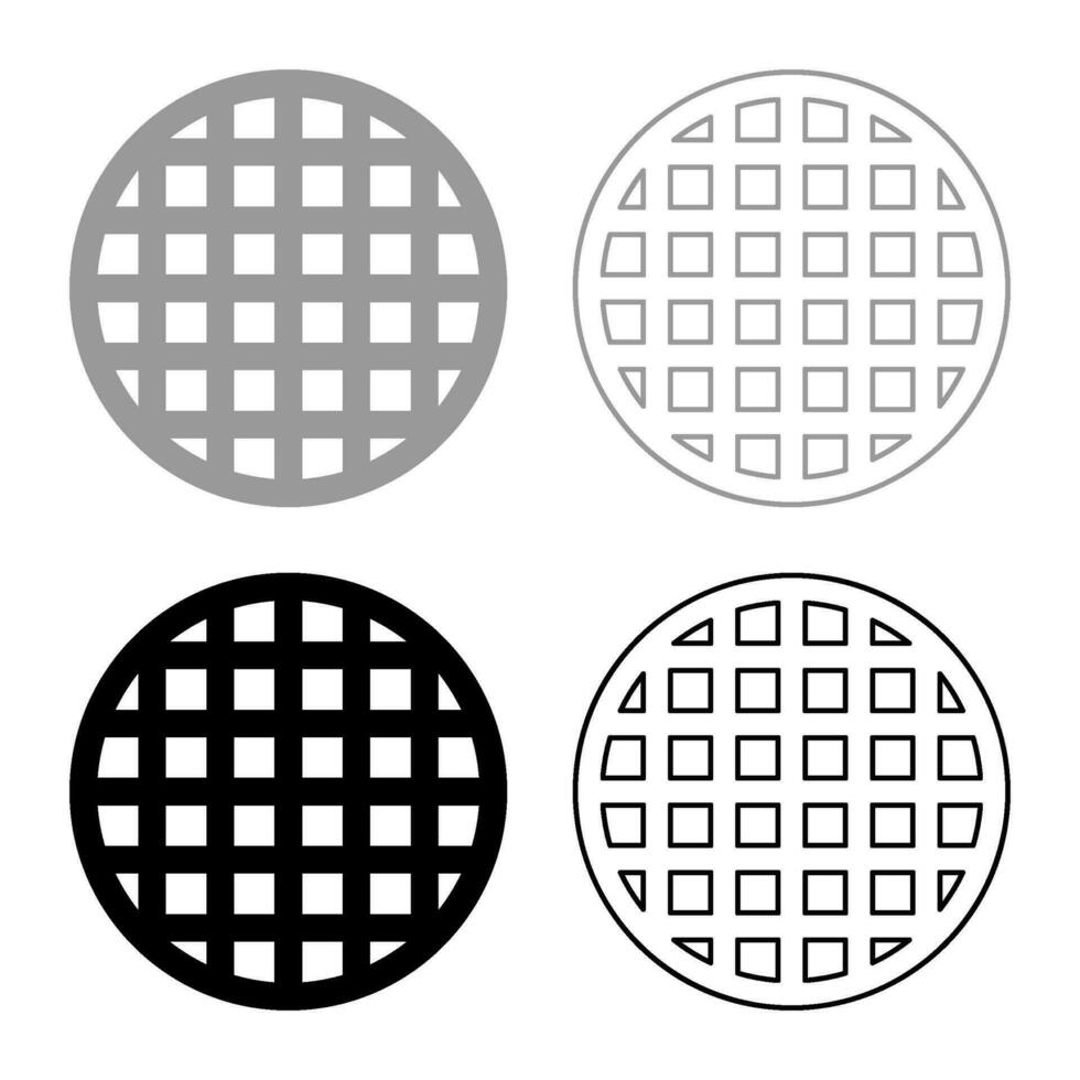 Grating grate lattice trellis net mesh BBQ grill grilling surface round shape set icon grey black color vector illustration image solid fill outline contour line thin flat style