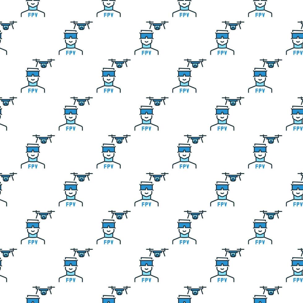 Man with Goggles and FPV Drone vector colored seamless pattern