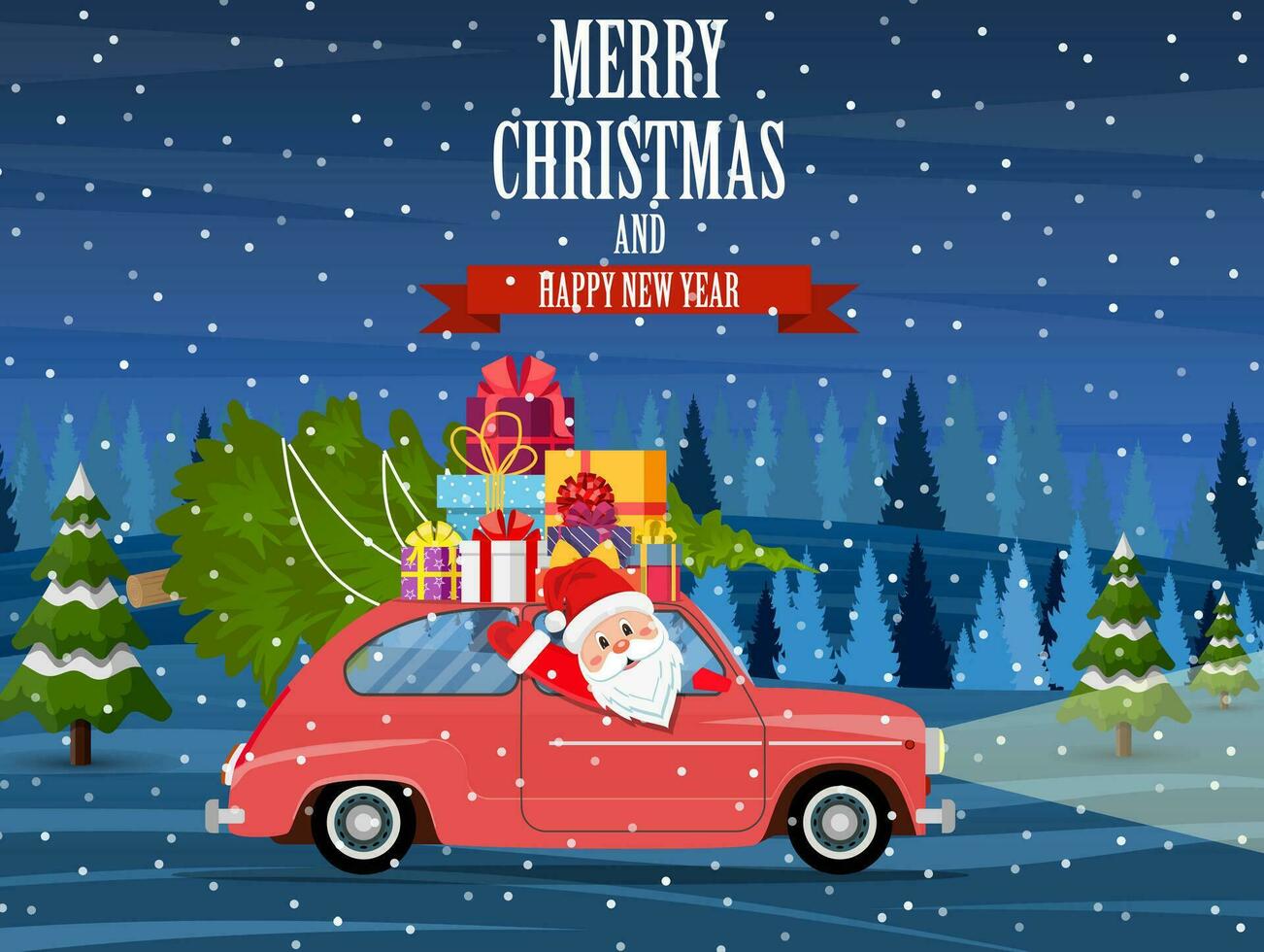 Retro car with Christmas tree vector