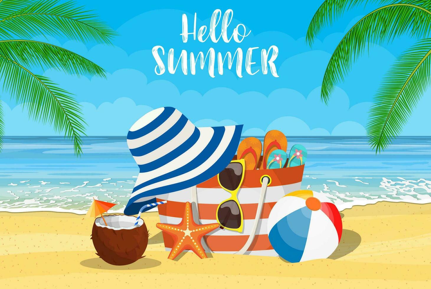 Summer accessories for the beach. Bag, sunglasses, flip flops, starfish, ball. Against the background of the sun the sea and palm trees. Vector illustration in flat style