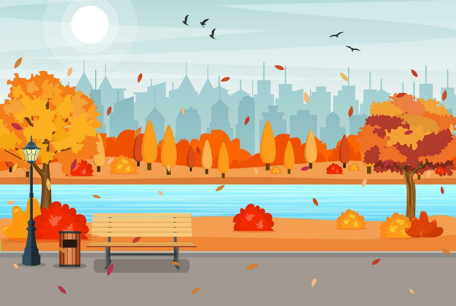 beautiful autumn city park with bench and town building background. Beautiful urban fall park for banner, poster, web. Vector illustration in flat style.