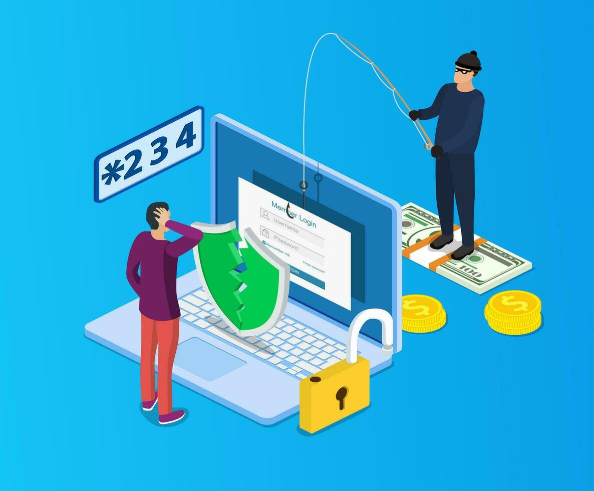 isometric Login into account and fishing hook. Internet phishing, hacked login and password.Computer internet security concept. Anti virus, spyware, malware. Vector illustration in flat style