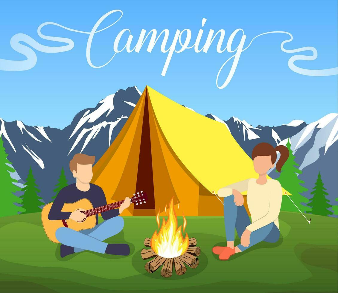 Group of young people are sitting around campfire. Young tourists, campers cartoon characters. Man playing guitar. Vector illustration in flat style