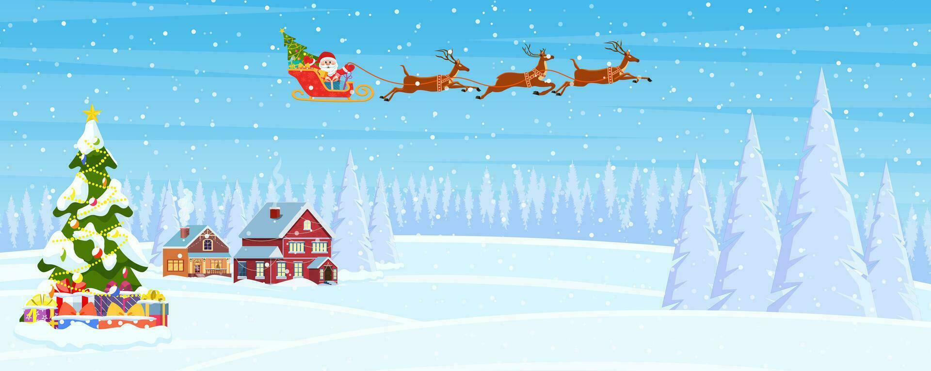 un casa en un Nevado Navidad paisaje. Papa Noel claus en un trineo. concepto para saludo o postal tarjeta. alegre Navidad día festivo. nuevo año y Navidad celebracion vector